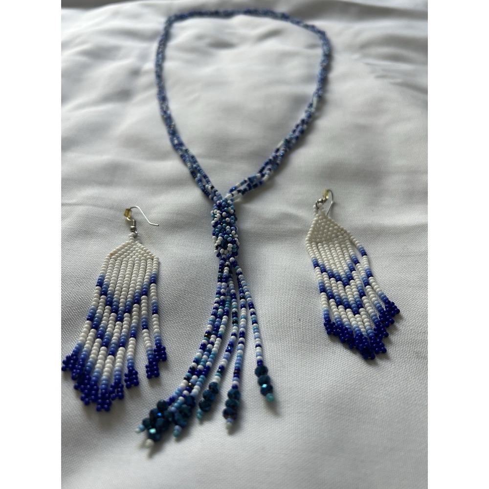 Handmade Blue and White Beaded Tassel Necklace and Matching Fringe Earrings Set